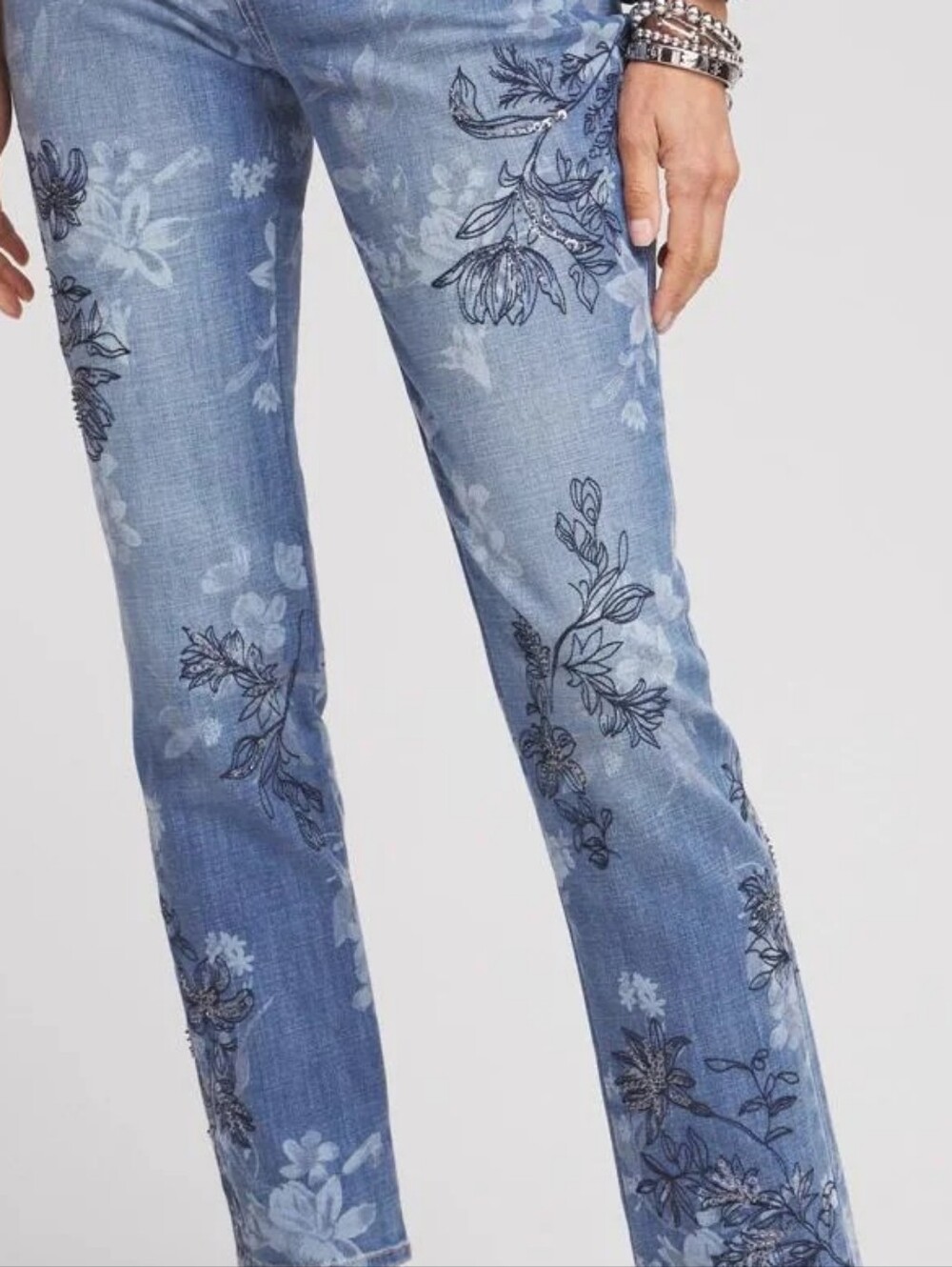 NWT Chico's Wispy Floral Women's Indigo Beaded Skinny Jeans